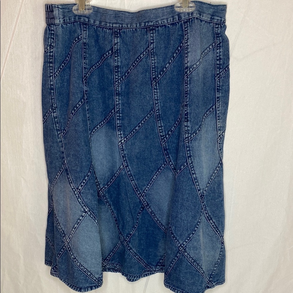 Women’s Patchwork Denim Midi Skirt Elastic Waist Blue Jean Skirt
